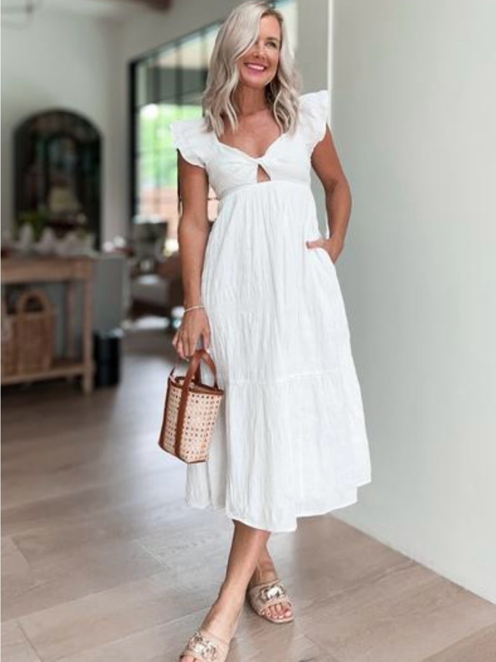 Sz XL Universal Thread White Midi Dress w/ Flutter Sleeves and Keyhole Cut Out